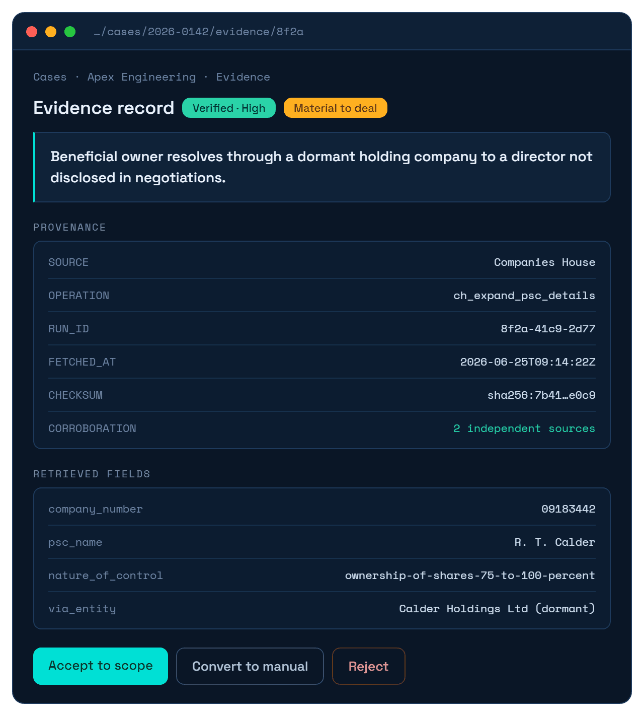 An evidence record showing full provenance — source, operation, run ID, checksum and corroboration